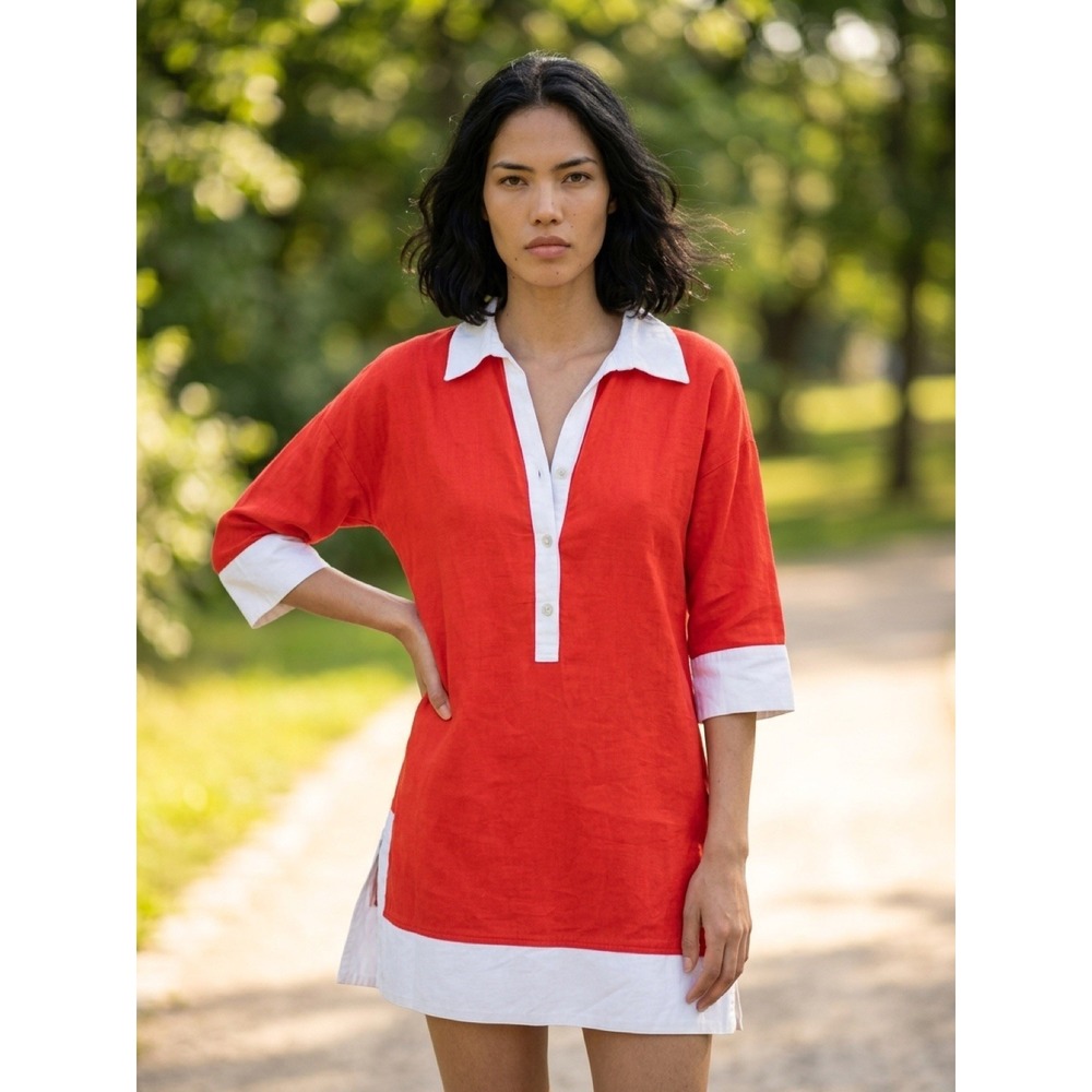 Cynthia Rowley Red/White Colorblock Collared Shirt Dress 3/4 Sleeve L